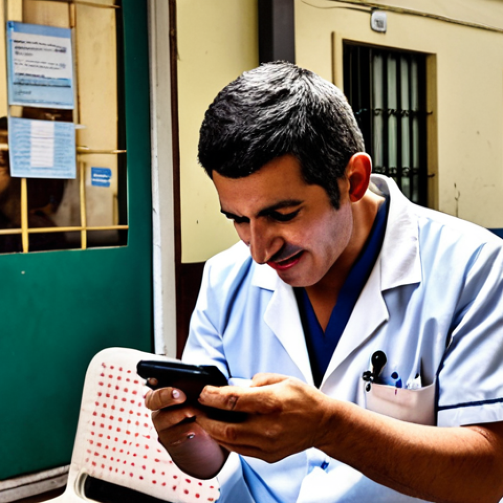 **

A traveler in Buenos Aires using a translation app to communicate with a doctor in a local neighborhood health center. The scene shows a friendly atmosphere, highlighting the accessibility of healthcare even with a language barrier.

**