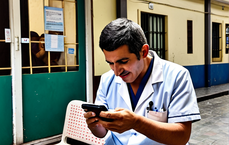 **

A traveler in Buenos Aires using a translation app to communicate with a doctor in a local neighborhood health center. The scene shows a friendly atmosphere, highlighting the accessibility of healthcare even with a language barrier.

**