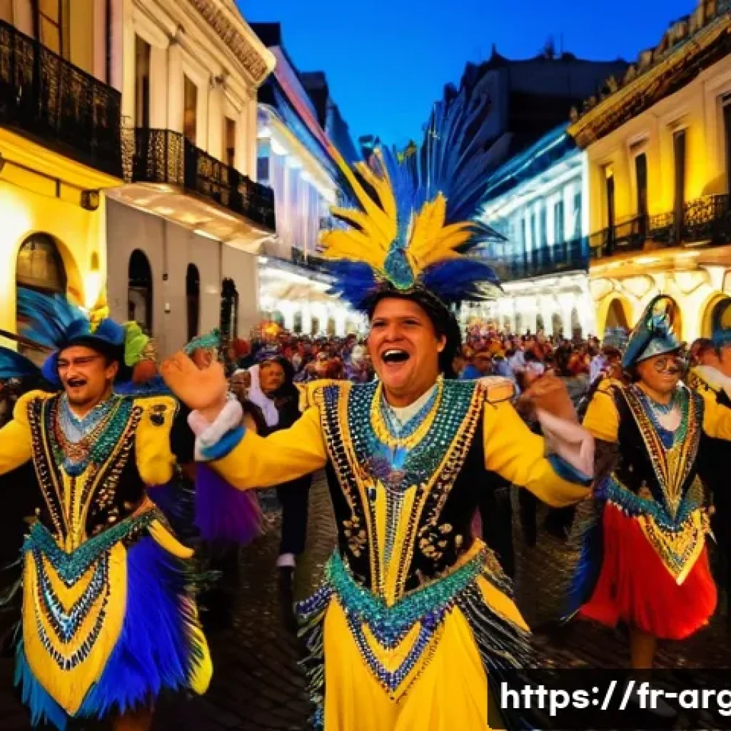 부에노스아이레스 카니발 행사 - A vibrant street scene of Buenos Aires carnival at dusk, featuring a lively parade with dancers in e...