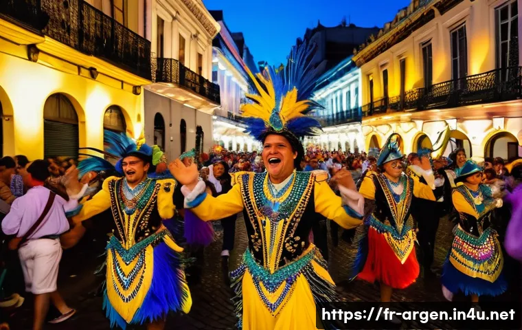 부에노스아이레스 카니발 행사 - A vibrant street scene of Buenos Aires carnival at dusk, featuring a lively parade with dancers in e...