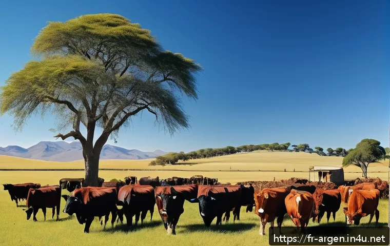 아르헨티나 소고기 역사와 맛집 - A traditional Argentine estancia scene showing expansive pampas grasslands under a wide blue sky, wi...