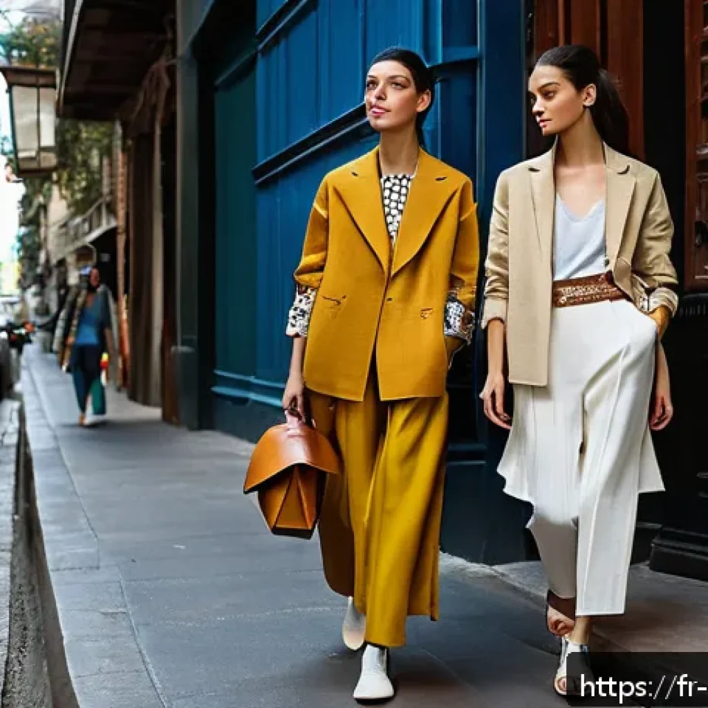 아르헨티나에서 유행하는 패션 스타일 - A sophisticated urban fashion scene in Buenos Aires featuring models wearing layered outfits that bl...