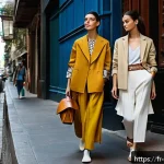 Home 18 아르헨티나에서 유행하는 패션 스타일 - A sophisticated urban fashion scene in Buenos Aires featuring models wearing layered outfits that bl...