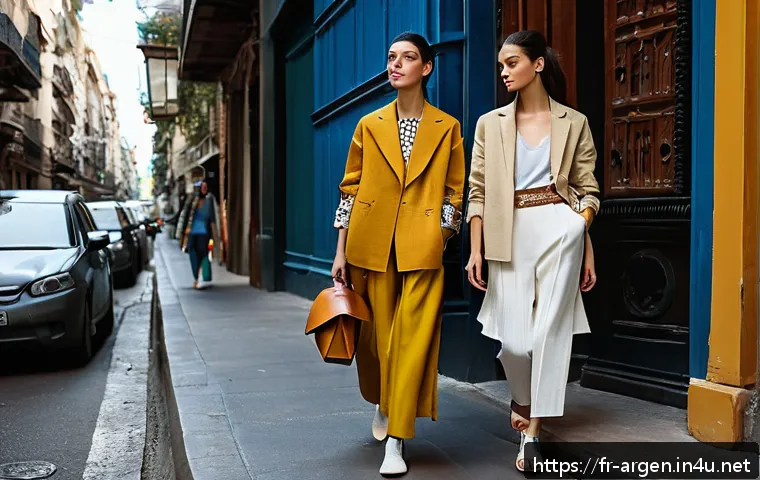 아르헨티나에서 유행하는 패션 스타일 - A sophisticated urban fashion scene in Buenos Aires featuring models wearing layered outfits that bl...