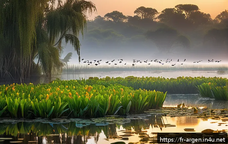 아르헨티나에서 볼 수 있는 특이한 동물 - A vibrant Argentine wetland scene at dawn featuring a diverse array of migratory birds in flight and...